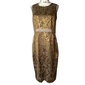 Ports 1961 Dress Metallic Bronze Brocade Cocktail Formal Midi Silk Lined Sz 12